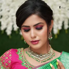 A detailed close-up focusing on the eye makeup from a class demonstration. Learning to blend colors seamlessly is a core skill I teach for creating stunning bridal eye looks.
