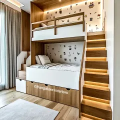 A beautiful and functional bunk bed made from light wood and white panels. We integrated drawers under the bottom bunk and added LED lighting to the stairs for safety and a cool design element.