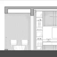 A sectional elevation exploring the design of a media wall and adjacent seating area. These drawings allow us to refine proportions and ensure functional and aesthetic balance in our interior architecture.