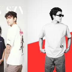 This composite image shows how we can feature multiple looks in one frame. It highlights the back-print detail on a white t-shirt and a styled shot of another model, using graphic shapes to create a visually engaging layout for a lookbook or social media post.