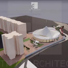 An overhead block model of the entire 2.3-acre site plan. This view shows the food court in relation to adjacent buildings and the highway, demonstrating the master planning involved in the project.