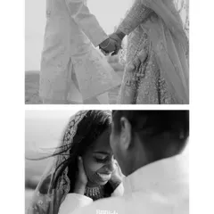 A diptych showing the couple holding hands and sharing a joyful, candid laugh. These black and white images capture the simple, profound happiness of finding your person.