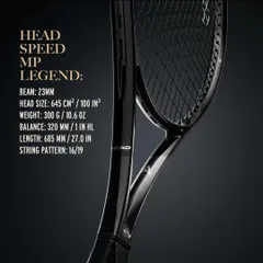 A detailed look at the specs for the Head Speed MP Legend. This version is slightly lighter at 300g with a 16/19 string pattern, offering a great blend of power and control for a wider range of competitive players.