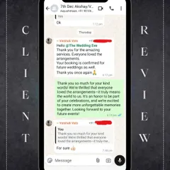 A screenshot of a lovely client review on WhatsApp, expressing their love for the arrangements and confirming future bookings.