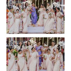 A group portrait of a Maharashtrian bride with her bridesmaids, who are all dressed in elegant matching white and pink sarees.