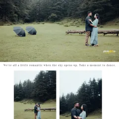 A collage from a monsoon-themed anniversary shoot, capturing the couple's romantic connection amidst the beautiful, rainy landscape of the mountains.
