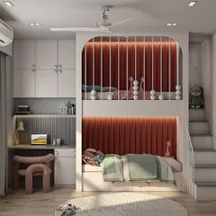 This kids' room features a custom-designed bunk bed with an integrated staircase and a built-in study nook. The design maximizes space while creating distinct zones for sleep, study, and play. The soft red-orange accent color adds a playful and energetic touch.