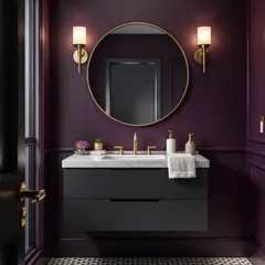 A moodier take on the purple powder room, this design uses a deep, dark shade on all walls for a dramatic effect. The floating vanity and backlit mirror add to the sophisticated, high-end feel.