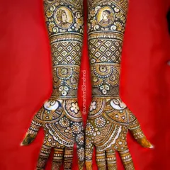 Your love story, drawn on your hands. This bridal design features custom portraits of the bride and groom, a beautiful way to personalize your wedding mehndi. I can incorporate any element that is special to you.