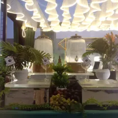 A beautiful daytime setup for a welcome drink station. It features two large glass dispensers with fresh juices or iced tea, decorated with lush greenery for a refreshing look.