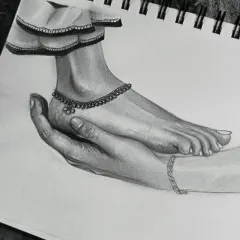 A work-in-progress sketch showing a hand gently holding a foot adorned with a 'payal' or anklet. This piece is about care, respect, and the beauty found in small, intimate gestures.