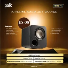 A technical overview of the POLK Signature Elite ES08 Subwoofer. This 8-inch, 100-watt woofer is housed in a sleek, compact enclosure, designed to deliver powerful, heart-pounding bass for music and movies.