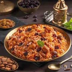A unique Kabuli Pulao, rich with nuts and raisins. The styling for The Mughal House aimed to showcase the sweet and savory elements of this classic dish.