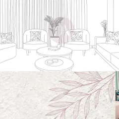 The journey of design begins on paper. This line sketch outlines the vision for a living room with curved armchairs, a nested coffee table, and soft, flowing curtains.