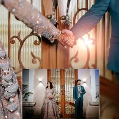 A creative collage focusing on the couple holding hands, symbolizing their union, paired with a full shot of them in their elegant engagement outfits.
