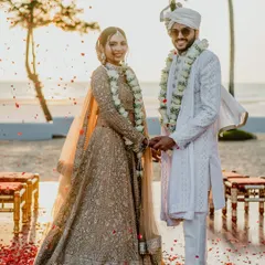 A golden hour moment with my unique golden bride. This destination beach wedding called for a look that was both glamorous and natural, and this all-gold ensemble was simply perfect.