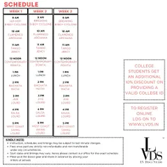 Plan your summer of dance with the official 'Dawn to Dusk' schedule. We pack each day with back-to-back classes in Hip-Hop, Flamenco, Tango, Contemporary, Bachata, Salsa, and Swing.