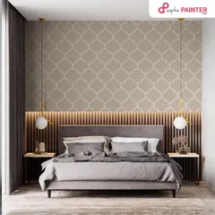 This bedroom features a sophisticated accent wall with a Moroccan tile stencil pattern. Paired with modern lighting and a neutral palette, it creates a chic and stylish look.