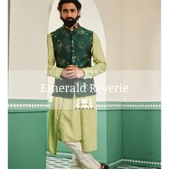 A stylized shot of the emerald Nehru jacket and kurta set, capturing its regal and festive spirit.