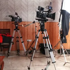 Our dual-camera setup, ready for action. Using multiple cameras allows us to capture different angles simultaneously, which is crucial for dynamic video content.