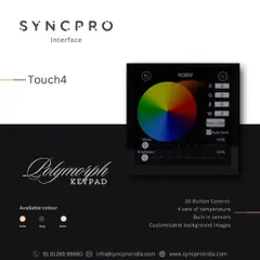 The Polymorph Keypad gives you detailed control over your environment. It features a full RGBW color wheel for lighting, 30 programmable buttons, and built-in sensors, all displayed on a screen with a customizable background.