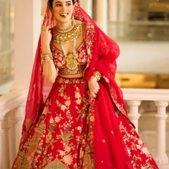 For this bridal campaign, the goal was to create a moment of pure joy. The vibrant red lehenga stands out against the elegant architecture, and the natural, happy expression of the model makes the entire scene feel authentic and aspirational for any bride-to-be.