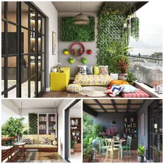 This set of images focuses on creating functional and livable outdoor rooms. It showcases a colorful floor seating arrangement, a balcony with a bookshelf, and an outdoor dining setup, proving balconies can be versatile extensions of your home.
