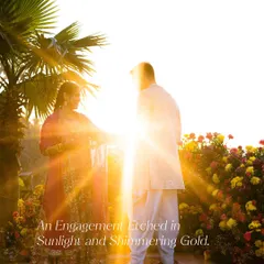 An engagement etched in sunlight and shimmering gold. The setting sun creates a stunning flare, enveloping the couple in a magical, golden glow as they exchange rings.
