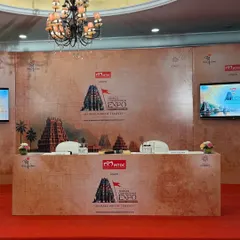The main stage and help desk for the International Temples Convention, fully branded and ready for the event. I use large backdrops and integrated screens to create a strong visual anchor for any conference or expo.