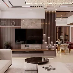 A view focusing on the custom media unit, which integrates wood paneling, marble, and ambient backlighting. This functional element is designed to be a beautiful focal point, blending storage with high-end aesthetics.