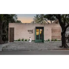 This is Ishtaa, our first F&B project, an Andhra cuisine restaurant in Jayanagar. The storefront design was crucial for us; we used an earthy brick facade and a striking green entryway to create an inviting presence that feels both modern and rooted in tradition.