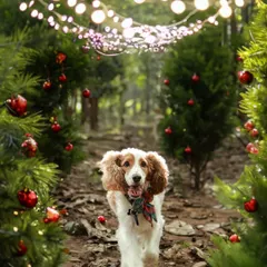 I can create a magical Christmas wonderland for your pet, even outdoors! This beautiful cocker spaniel is walking through a festive forest path we set up, complete with twinkling lights and ornaments. It’s a perfect way to capture the holiday spirit.