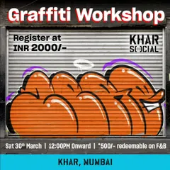 Here are the details for my upcoming workshop at Khar Social in Mumbai. It’s a full session where you'll learn the fundamentals of graffiti art and get to create something yourself. The fee also includes some food and drinks to keep the energy up.