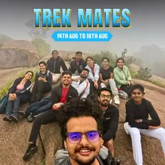 A "Trek Mates" feature photo, showing a group selfie on a rocky outcrop. These are the faces of adventure.