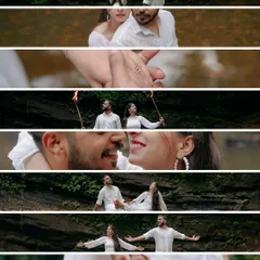 A cinematic strip of moments from the waterfall pre-wedding shoot, showcasing the couple's interaction and the stunning natural environment.