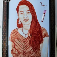 This custom blood portrait was signed "By Sathya," indicating it was a gift. The artwork captures the subject's direct gaze and is a beautiful example of a personalized present.