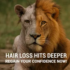 **Hair Loss Hits Deeper:** Using the powerful metaphor of a lion losing its mane, this image connects hair loss to a loss of confidence and power. It serves as a call to action to regain your crown and rule your life with confidence.