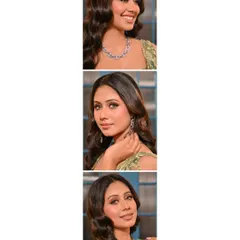 A collage showcasing a soft glam look. This style features rosy lids, peachy nude lips, fluttery lashes, and dreamy waves, paired with a royal green outfit.
