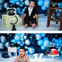 A collage showing two key moments from a half-birthday celebration. On top, a formal portrait in a tiny suit, and below, a more casual cake smash setup, capturing the full range of a milestone session.
