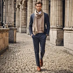 This is an example of an 'Ethical Elegance' concept for menswear. The AI-generated image visualizes a man in a tailored navy suit paired with a warm camel scarf, showcasing a timeless, sophisticated look for a brand focused on sustainable style.