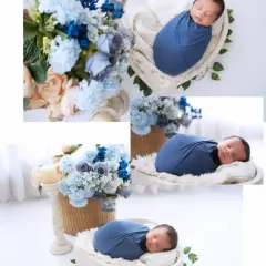 A collage showcasing different angles from a newborn session, featuring a baby in a blue swaddle with floral arrangements. This shows the variety of shots we provide from a single setup.