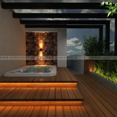 This view highlights the jacuzzi and the surrounding deck. The warm tones of the wooden steps, illuminated by soft LED strip lighting, and the textured stone wall behind the jacuzzi create a serene and spa-like ambiance.