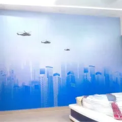 A cool and modern cityscape wallpaper with helicopter silhouettes. The blue gradient gives a sense of height and scale, making it a great choice for a themed bedroom for an older child.
