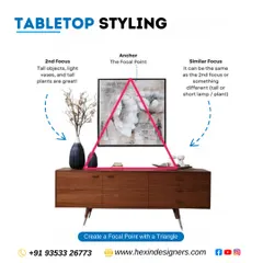 For tabletop styling, we create a focal point using a triangular composition. An anchor piece, like artwork, is balanced by items of different heights on either side, such as a tall vase and a lamp.
