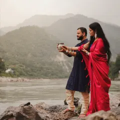 A couple performs a ritual offering to the Ganga river. This shot is about capturing a moment of shared spirituality and blessings for their new beginning.