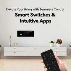 Get seamless control with our smart switches and intuitive app. This image shows a hand holding a phone with the control app, with the stylish switch panel visible in the background of a minimalist living space.