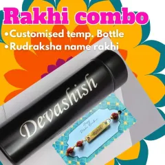 This simple and sweet Rakhi combo includes a temperature bottle customized with your brother's name and a beautiful Rudraksha name rakhi.