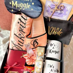 A magical hamper for a bride who is a true Potterhead. We included "He's a Keeper" & "She's a Catch" mugs, a "Snuggle like a Muggle" eye mask, and a ticket for Platform 9 3/4.