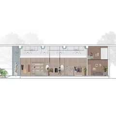 A second section drawing of the GRASSROOT store, revealing the two-level office space at the rear. These drawings are crucial for ensuring every detail, from structure to furniture, works in harmony.
