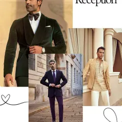 Your Reception is a chance to showcase a sharp, contemporary style. Here are some ideas, including a classic velvet tuxedo with a bow tie, a tailored suit in a deep jewel tone, and a structured Indo-Western jacket.